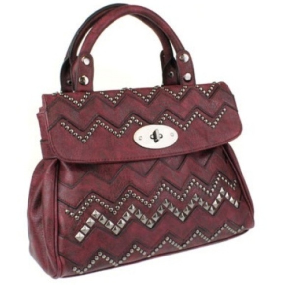 Wine Red Chevron Stud Handbag Purse - Picture 1 of 6